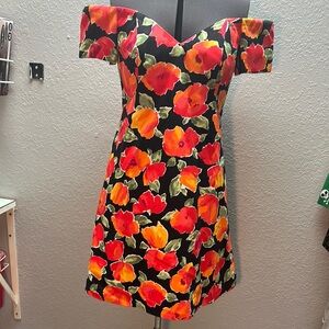 Vintage Nancy Johnson Premier Floral Off Shoulder Black Dress 10
